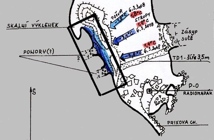 Jeskyně Pekárna termokamerou - zakreslil L.Slezák